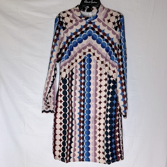 DONNA Morgan Long Sleeve Blue, Brown, and Cream Circle Print Mini Dress - Size 2 - Picture 5 of 11